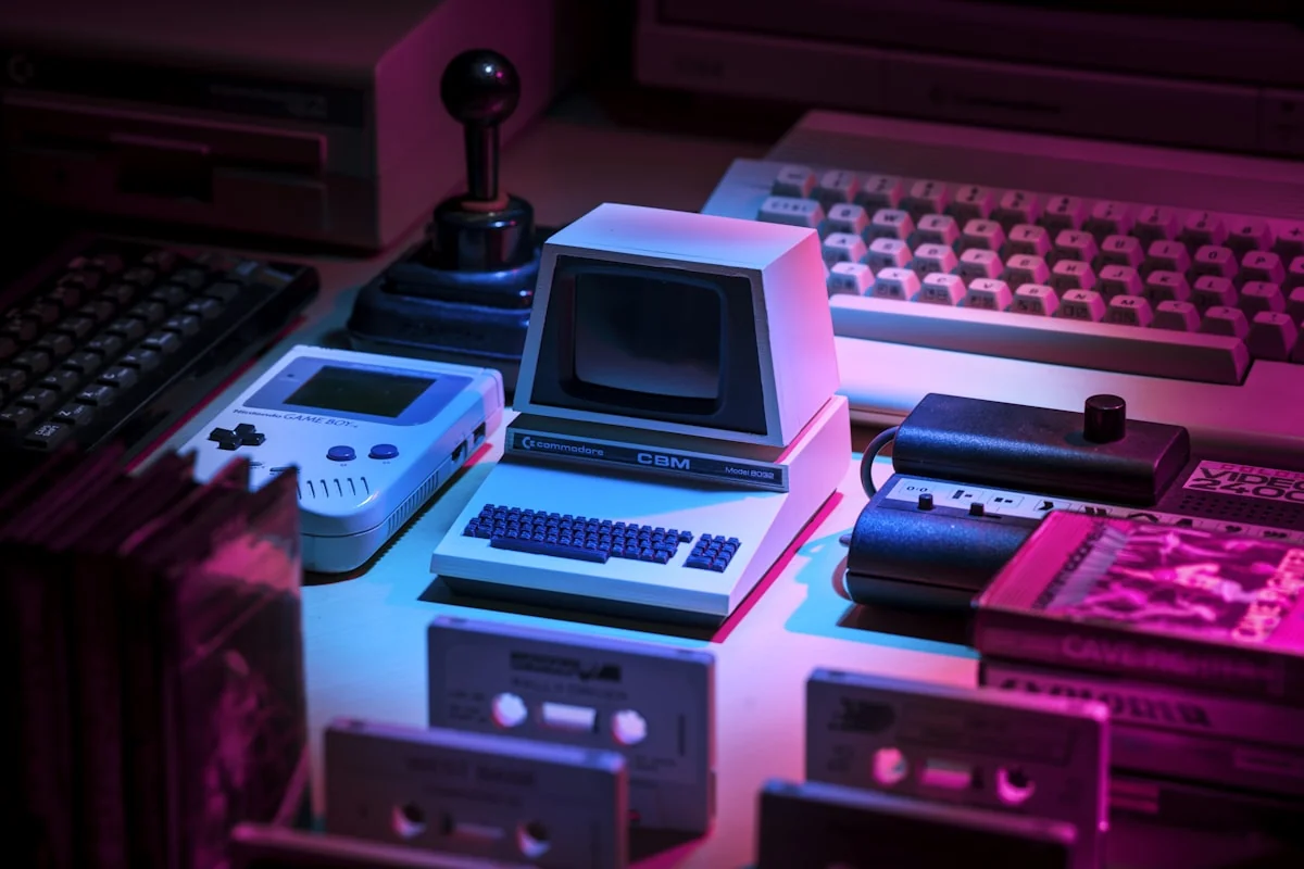 Retro computer station glowing in a dark room